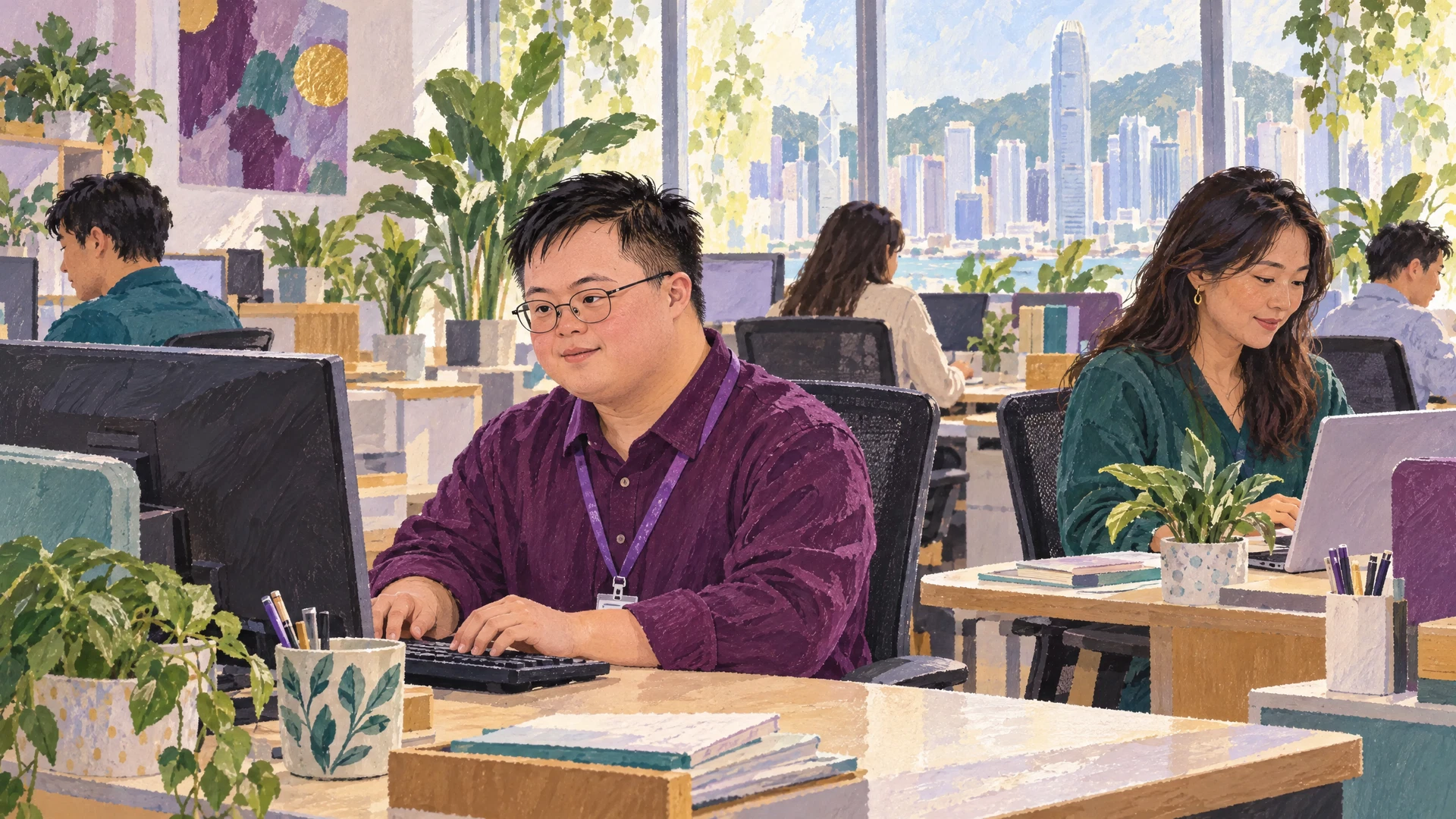 Illustration of a young adult working at his own desk in a Hong Kong office, alongside colleagues