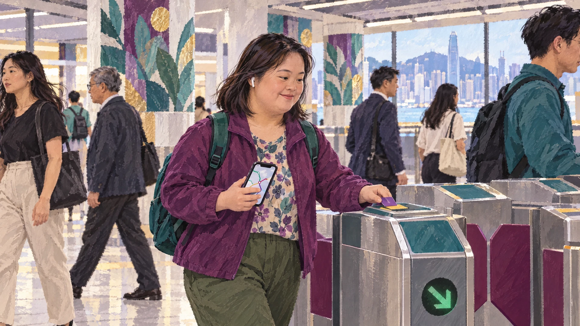 Illustration of a woman travelling on her own, tapping her card at a metro station gate