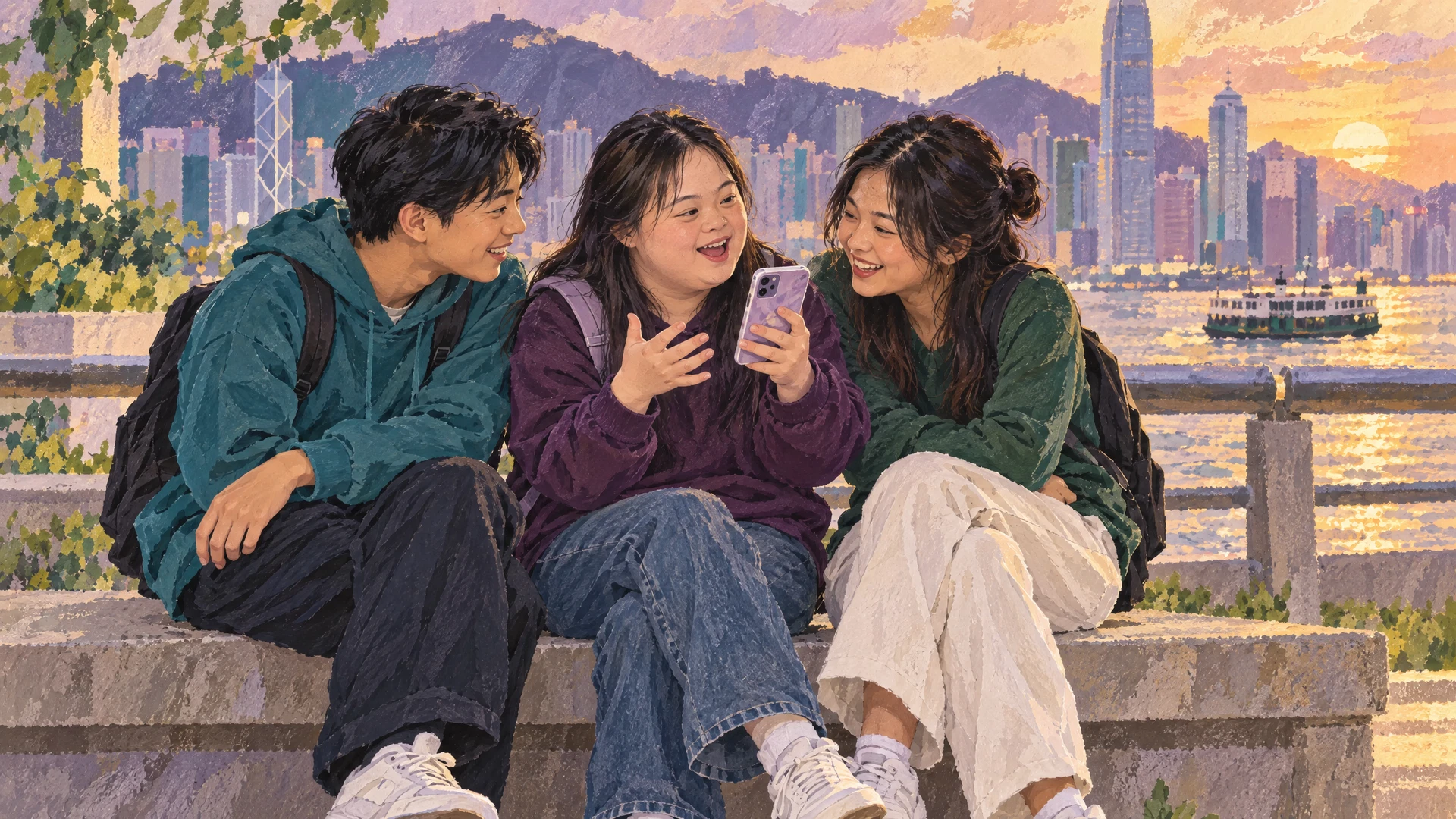 Illustration of three teenage friends on a harbourfront, one sharing a video she made