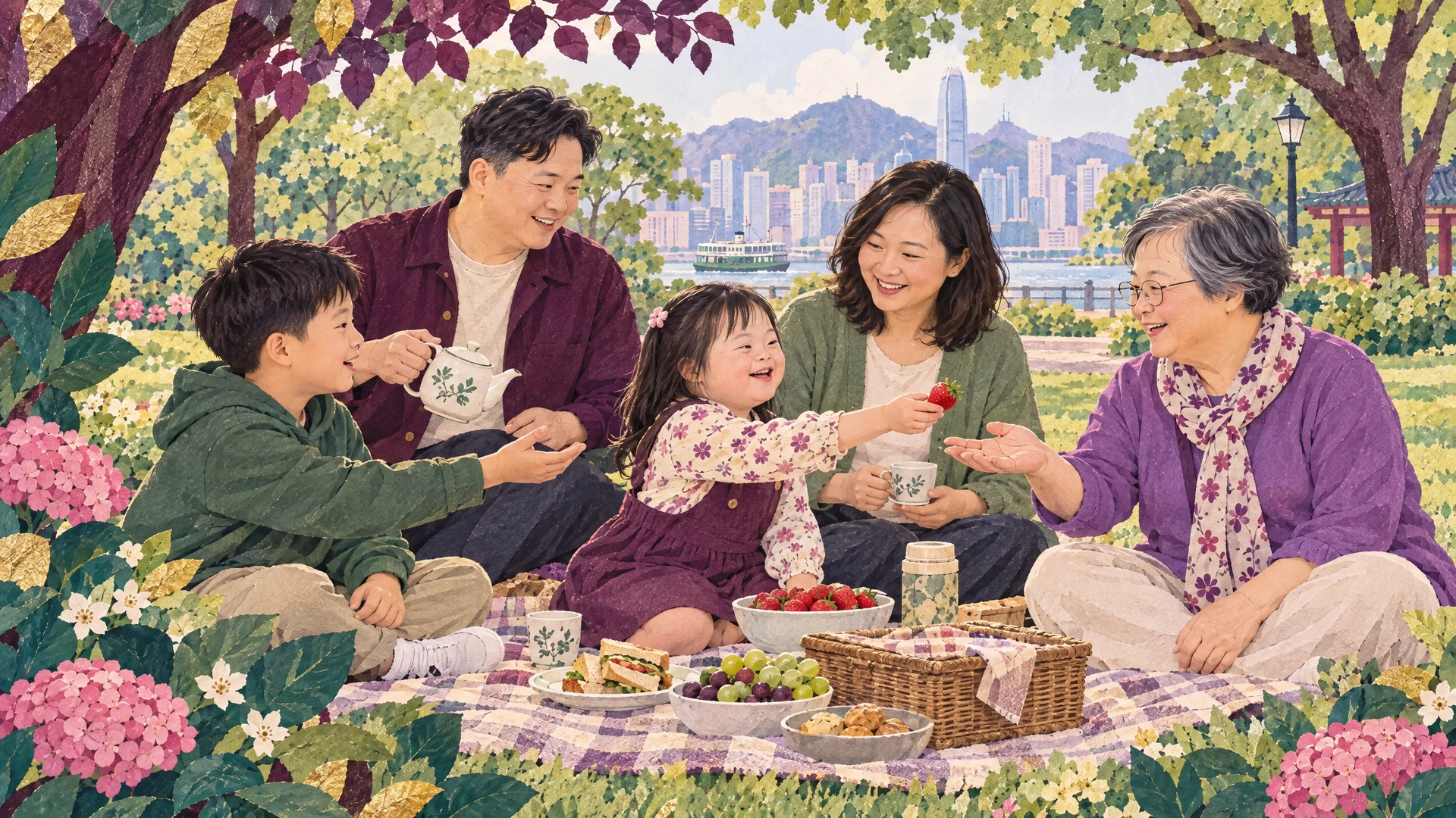 Illustration of a family picnic where a young girl serves strawberries to her grandmother and brother