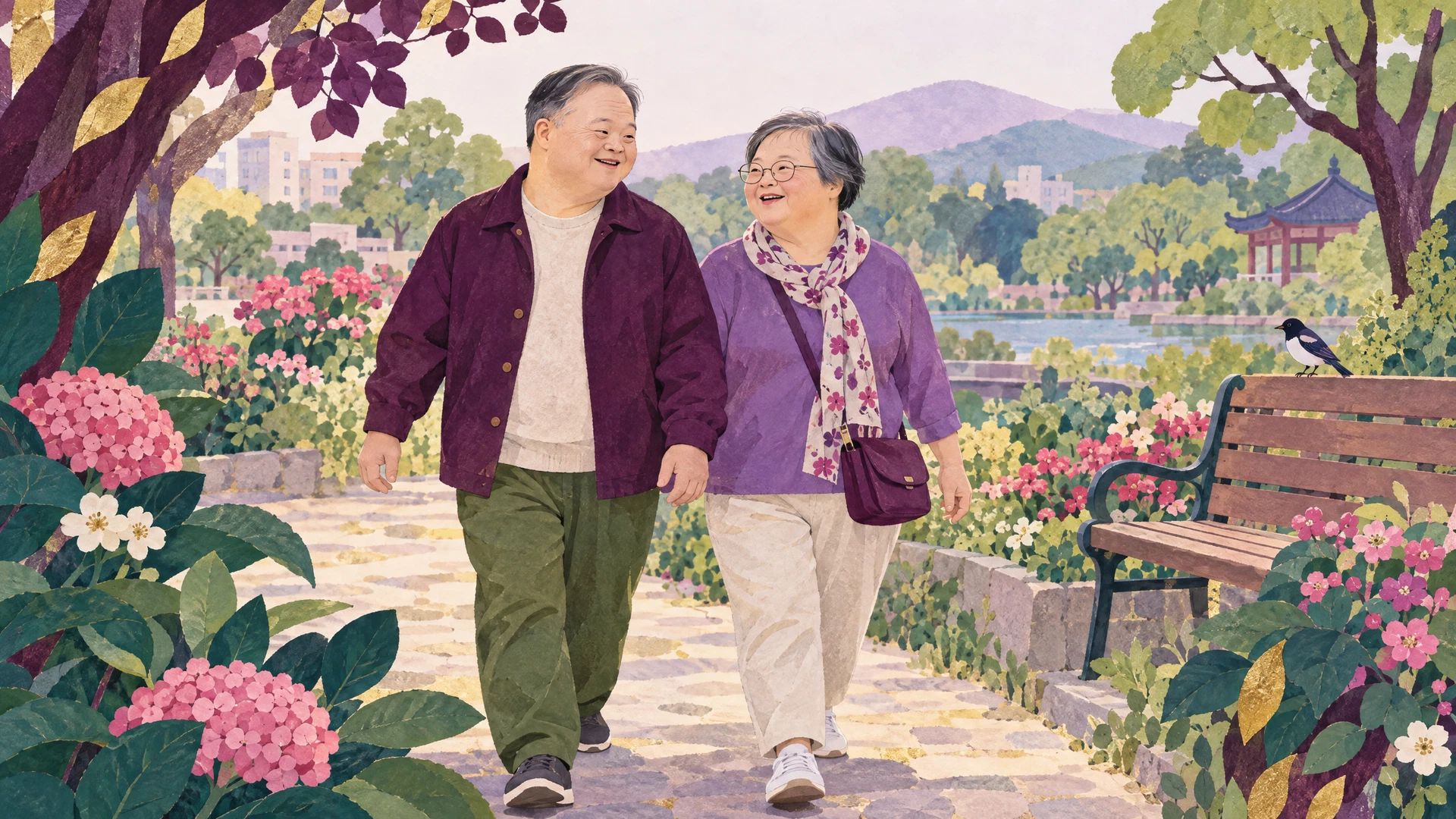 Illustration of older friends enjoying a walk in a neighbourhood garden