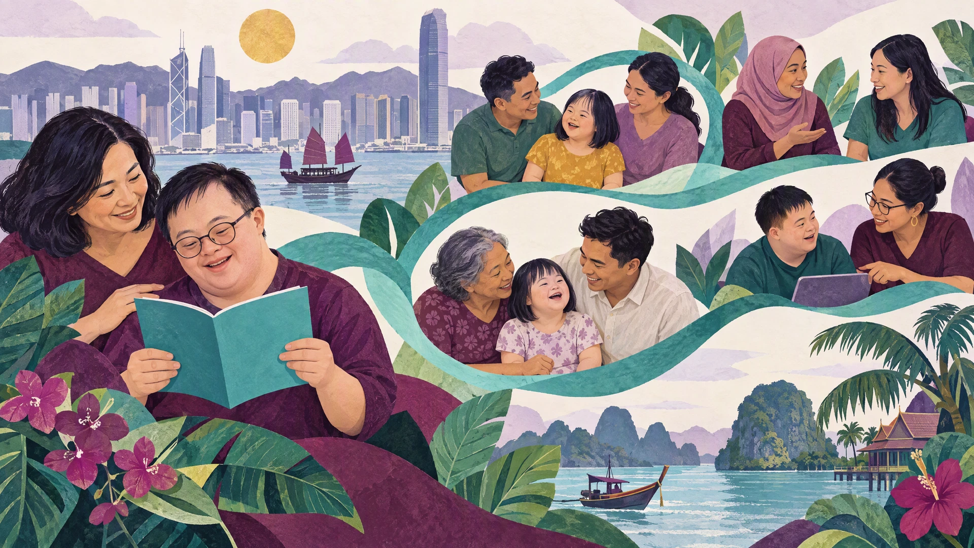 Conceptual illustration of families and support connections across Asian communities