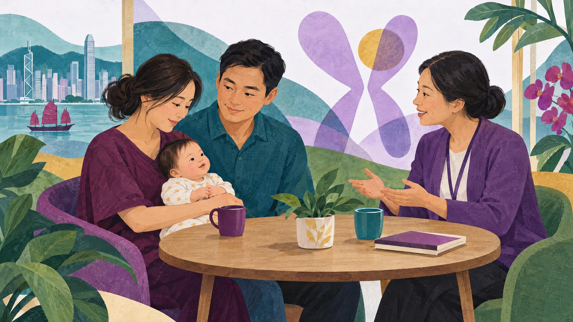 Illustration of parents and a professional talking together after a new diagnosis