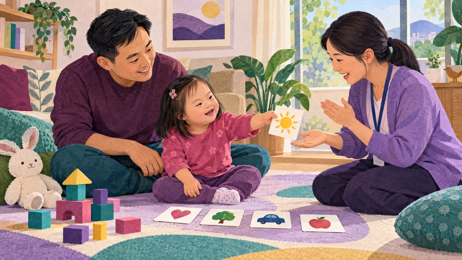 Illustration of a child choosing picture cards during play and communication