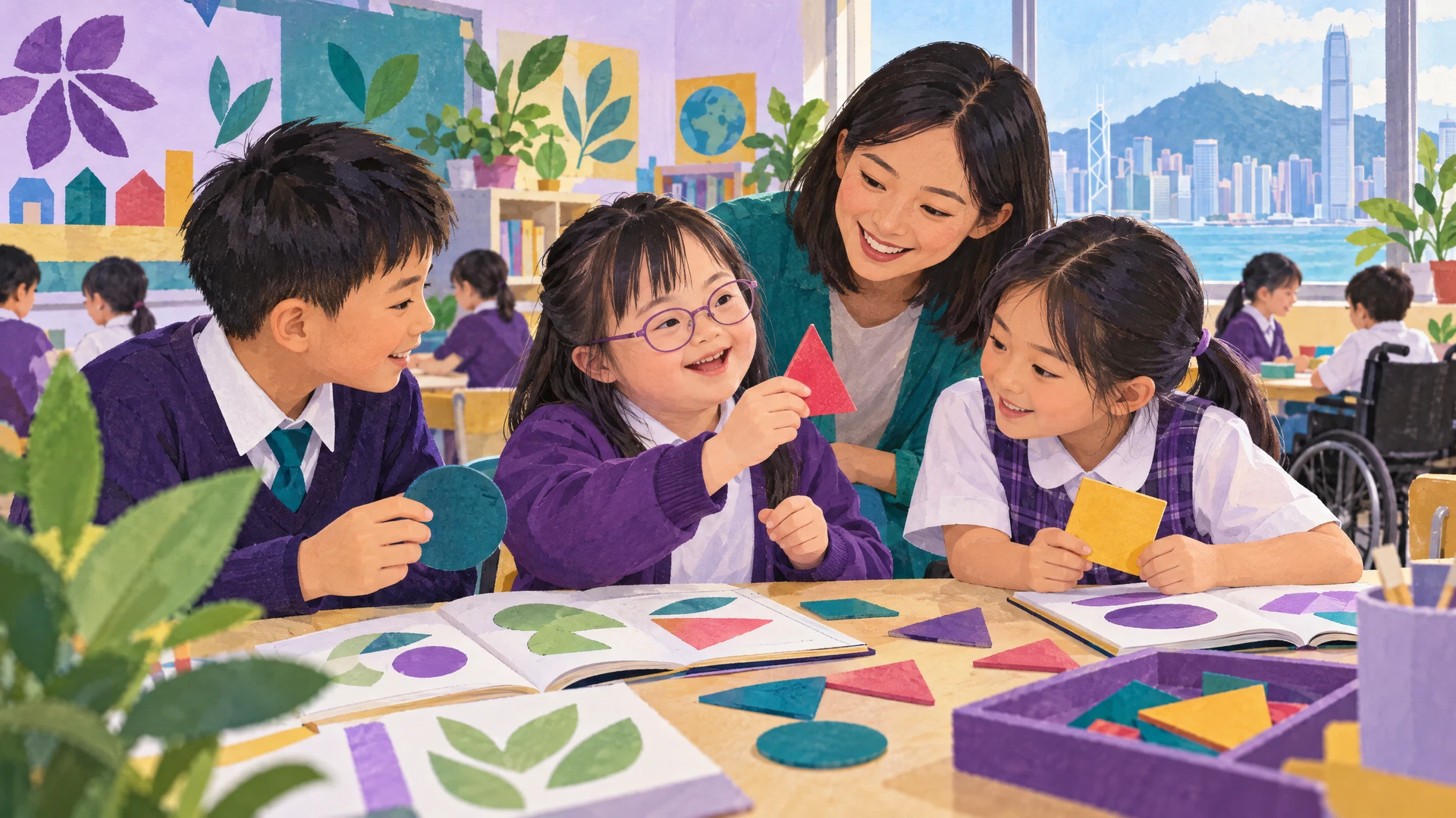 Illustration of classmates learning and contributing together in an inclusive classroom